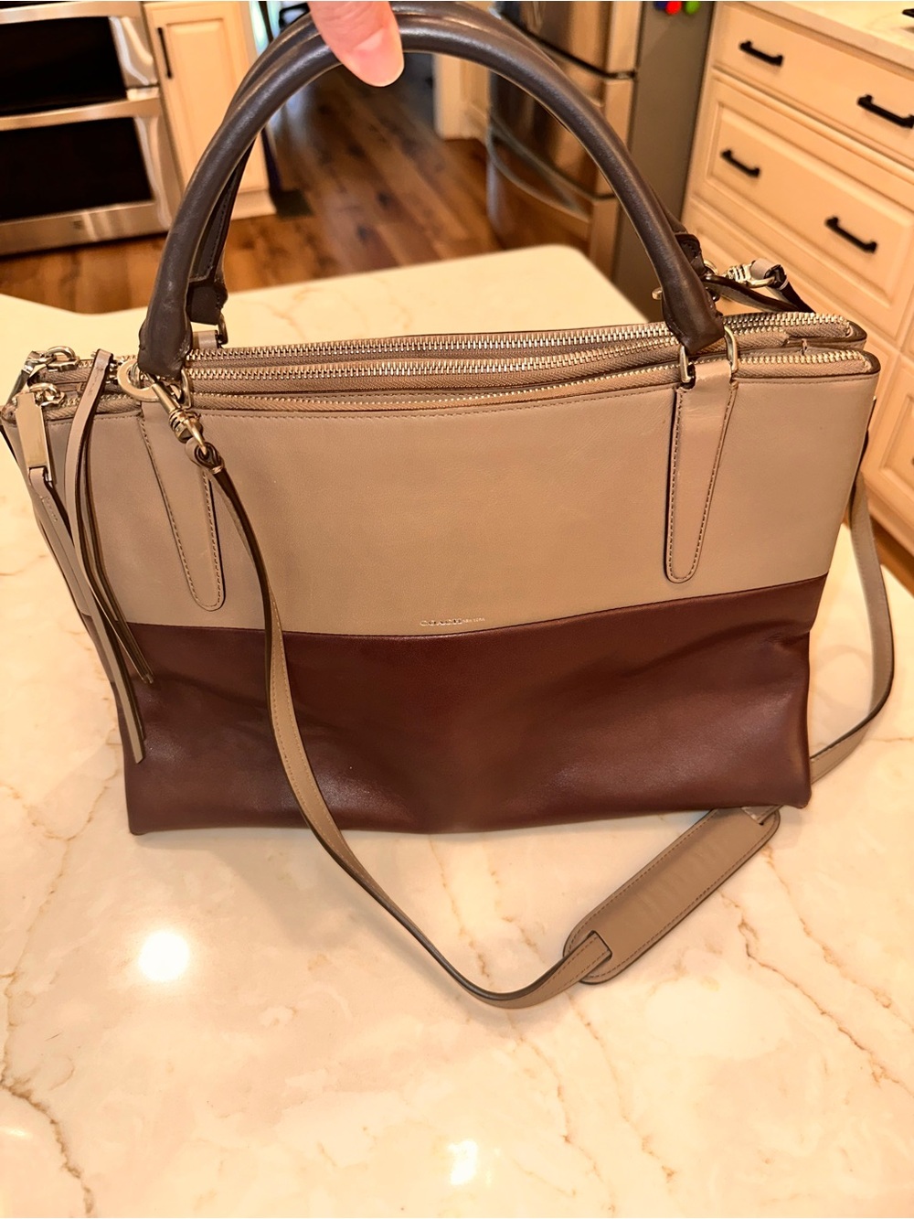 Coach Med BOROUGH Triple Zip Top Satchel Tote Taupe & Oxblood Color-Block Leathe